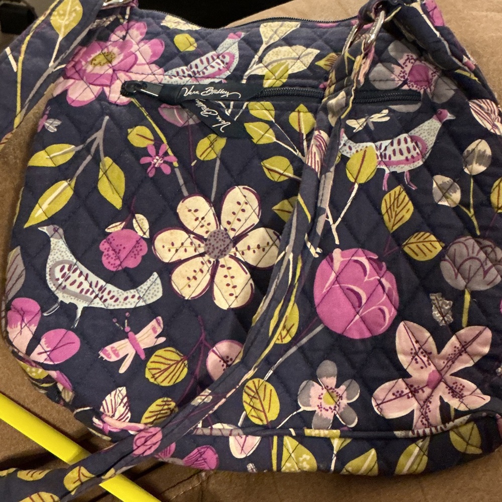 Vera Bradley Navy Quilted Shoulder Bag with Pink & Green Floral Print